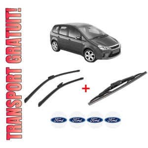 Set 3 stergatoare FORD C-MAX (DM2) din 2003 - 2010, pentru parbriz si luneta fata si spate auto, Bosch Twin, din cauciuc siliconat rezistent, 4 Stickere Auto FORD