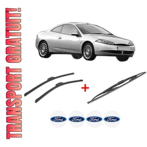 Set 3 stergatoare FORD COUGAR (EC_) din 1998 - 2001, pentru parbriz si luneta fata si spate auto, Bosch Twin, din cauciuc siliconat rezistent, 4 Stickere Auto FORD