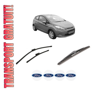 Set 3 stergatoare FORD FIESTA VI (CB1, CCN) din 2008-2018, pentru parbriz si luneta fata si spate auto, Bosch Twin-Aerotwin Multi, din cauciuc siliconat rezistent, 4 Stickere Auto FORD