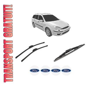 Set 3 stergatoare FORD FOCUS I Estate Van (DNW) din 1998-2005, pentru parbriz si luneta fata si spate auto, Bosch Twin-Aerotwin Retrofit, din cauciuc siliconat rezistent, 4 Stickere Auto FORD