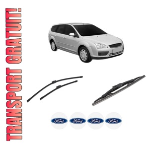 Set 3 stergatoare FORD FOCUS II Estate Van din 2004-2011, pentru parbriz si luneta fata si spate auto, Bosch Twin-Aerotwin, din cauciuc siliconat rezistent, 4 Stickere Auto FORD