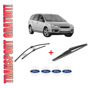 Set 3 stergatoare FORD FOCUS II Turnier (DA_, FFS, DS) din 2004 - 2012, pentru parbriz si luneta fata si spate auto, Valeo Silencio, din cauciuc siliconat rezistent, 4 Stickere Auto FORD