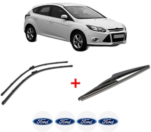 Set 3 stergatoare FORD FOCUS III Hatchback Van din 2011 - 2020, pentru parbriz si luneta fata si spate auto, Valeo Silencio, din cauciuc siliconat rezistent, 4 Stickere Auto FORD v13714
