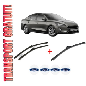 Set 3 stergatoare FORD FOCUS IV Saloon (HM) din 2018, pentru parbriz si luneta fata si spate auto, Bosch Aerotwin, din cauciuc siliconat rezistent, 4 Stickere Auto FORD