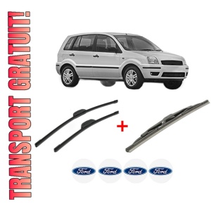 Set 3 stergatoare FORD FUSION (JU_) din 2002 - 2012, pentru parbriz si luneta fata si spate auto, Bosch Twin, din cauciuc siliconat rezistent, 4 Stickere Auto FORD