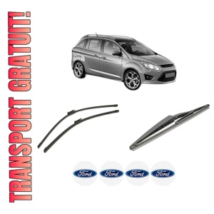 Set 3 stergatoare FORD GRAND C-MAX (DXA/CB7, DXA/CEU) din 2010-2019, pentru parbriz si luneta fata si spate auto, Bosch Twin-Aerotwin, din cauciuc siliconat rezistent, 4 Stickere Auto FORD