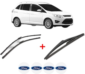 Set 3 stergatoare FORD GRAND C-MAX Van din 2010 - 2019, pentru parbriz si luneta fata si spate auto, Valeo Silencio, din cauciuc siliconat rezistent, 4 Stickere Auto FORD v14554