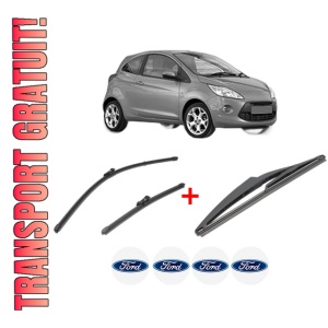 Set 3 stergatoare FORD KA (RU8) din 2008 - 2016, pentru parbriz si luneta fata si spate auto, Valeo Silencio, din cauciuc siliconat rezistent, 4 Stickere Auto FORD