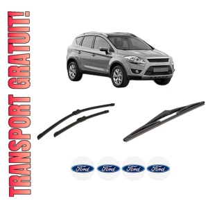 Set 3 stergatoare FORD KUGA I din 2008-2012, pentru parbriz si luneta fata si spate auto, Bosch Twin-Aerotwin, din cauciuc siliconat rezistent, 4 Stickere Auto FORD