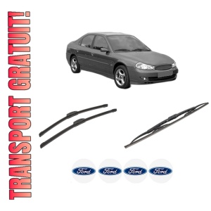 Set 3 stergatoare FORD MONDEO II (BAP) din 1996-2000, pentru parbriz si luneta fata si spate auto, Bosch Twin-Aerotwin Retrofit, din cauciuc siliconat rezistent, 4 Stickere Auto FORD