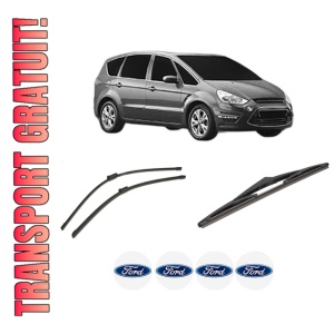Set 3 stergatoare FORD S-MAX VAN (WA6) din 2007-2014, pentru parbriz si luneta fata si spate auto, Bosch Twin-Aerotwin, din cauciuc siliconat rezistent, 4 Stickere Auto FORD