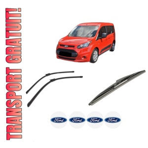Set 3 stergatoare FORD TOURNEO CONNECT / GRAND TOURNEO CONNECT V408 MPV din 2013-2022, pentru parbriz si luneta fata si spate auto, Bosch Twin-Aerotwin, din cauciuc siliconat rezistent, 4 Stickere Auto FORD