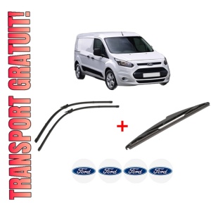 Set 3 stergatoare FORD TRANSIT CONNECT V408 Box Body/MPV din 2013, pentru parbriz si luneta fata si spate auto, Valeo Silencio, din cauciuc siliconat rezistent, 4 Stickere Auto FORD