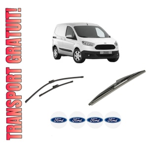 Set 3 stergatoare FORD TRANSIT COURIER B460 Box Body/MPV din 2014-2023, pentru parbriz si luneta fata si spate auto, Bosch Twin-Aerotwin, din cauciuc siliconat rezistent, 4 Stickere Auto FORD