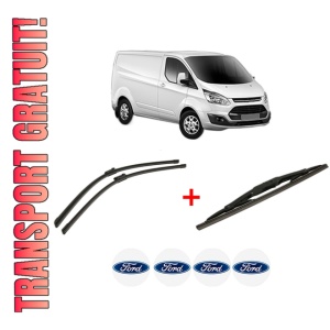 Set 3 stergatoare FORD TRANSIT CUSTOM V362 Van (FY, FZ) din 2012 - 2023, pentru parbriz si luneta fata si spate auto, Bosch Twin, din cauciuc siliconat rezistent, 4 Stickere Auto FORD