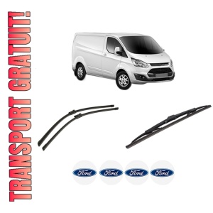 Set 3 stergatoare FORD TRANSIT CUSTOM V362 Van (FY, FZ) din 2012-2023, pentru parbriz si luneta fata si spate auto, Bosch Twin-Aerotwin, din cauciuc siliconat rezistent, 4 Stickere Auto FORD