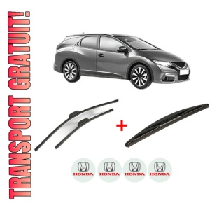 Set 3 stergatoare HONDA CIVIC IX Tourer (FK) din 2014 - 2016, pentru parbriz si luneta fata si spate auto, Bosch Twin, din cauciuc siliconat rezistent, 4 Stickere Auto HONDA