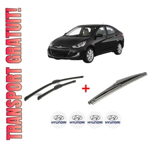 Set 3 stergatoare HYUNDAI ACCENT IV (RB) din 2010 - 2018, pentru parbriz si luneta fata si spate auto, Bosch Twin, din cauciuc siliconat rezistent, 4 Stickere Auto HYUNDAI