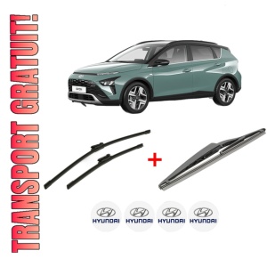 Set 3 stergatoare HYUNDAI BAYON (BC3) din 2021, pentru parbriz si luneta fata si spate auto, Bosch Twin, din cauciuc siliconat rezistent, 4 Stickere Auto HYUNDAI