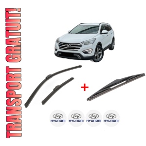 Set 3 stergatoare HYUNDAI GRAND SANTA FÉ din 2013 - 2018, pentru parbriz si luneta fata si spate auto, Bosch Twin, din cauciuc siliconat rezistent, 4 Stickere Auto HYUNDAI
