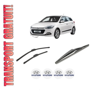 Set 3 stergatoare HYUNDAI i20 II Coupe (GB) din 2015-2021, pentru parbriz si luneta fata si spate auto, Bosch Twin-Aerotwin Retrofit, din cauciuc siliconat rezistent, 4 Stickere Auto HYUNDAI