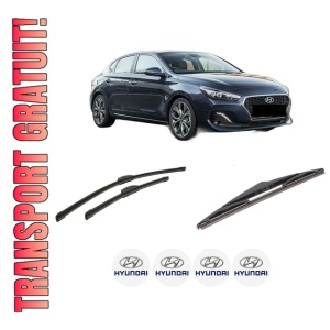 Set 3 stergatoare HYUNDAI i30 FASTBACK (PDE, PDEN) din 2017-2024, pentru parbriz si luneta fata si spate auto, Bosch Twin-Aerotwin Retrofit, din cauciuc siliconat rezistent, 4 Stickere Auto HYUNDAI