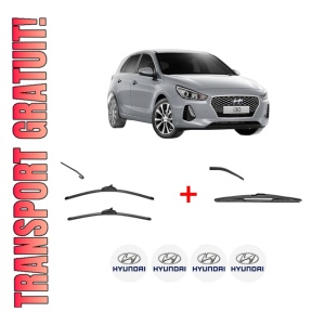 Set 3 stergatoare HYUNDAI i30 Hatchback Van (PDE) din 2016 - 2020, pentru parbriz si luneta fata si spate auto, Valeo Silencio, din cauciuc siliconat rezistent, 4 Stickere Auto HYUNDAI
