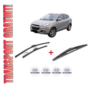 Set 3 stergatoare HYUNDAI ix35 (LM, EL, ELH) din 2009 - 2015, pentru parbriz si luneta fata si spate auto, Bosch Twin, din cauciuc siliconat rezistent, 4 Stickere Auto HYUNDAI