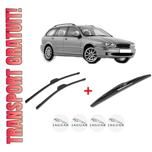 Set 3 stergatoare JAGUAR X-TYPE I Estate (X400) din 2003 - 2009, pentru parbriz si luneta fata si spate auto, Bosch Twin, din cauciuc siliconat rezistent, 4 Stickere Auto JAGUAR