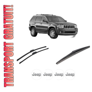 Set 3 stergatoare JEEP GRAND CHEROKEE III (WH, WK) din 2004-2011, pentru parbriz si luneta fata si spate auto, Bosch Twin-Aerotwin Retrofit, din cauciuc siliconat rezistent, 4 Stickere Auto JEEP