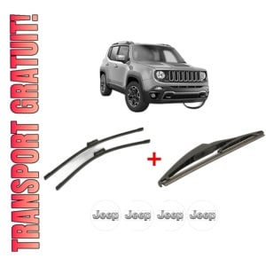 Set 3 stergatoare JEEP RENEGADE SUV (BU, B1, BV) din 2014 - 2018, pentru parbriz si luneta fata si spate auto, Bosch Twin, din cauciuc siliconat rezistent, 4 Stickere Auto JEEP
