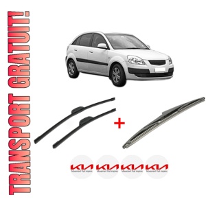 Set 3 stergatoare KIA RIO II (JB) din 2005 - 2011, pentru parbriz si luneta fata si spate auto, Bosch Twin, din cauciuc siliconat rezistent, 4 Stickere Auto KIA