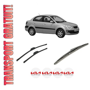 Set 3 stergatoare KIA RIO II Saloon (JB) din 2005-2011, pentru parbriz si luneta fata si spate auto, Bosch Twin-Aerotwin Retrofit, din cauciuc siliconat rezistent, 4 Stickere Auto KIA