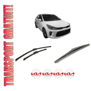 Set 3 stergatoare KIA RIO IV Hatchback Van (YB, SC, FB) din 2017, pentru parbriz si luneta fata si spate auto, Bosch Twin-Aerotwin Retrofit, din cauciuc siliconat rezistent, 4 Stickere Auto KIA