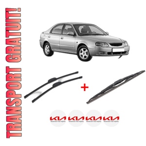 Set 3 stergatoare KIA SHUMA II Saloon (FB) din 2001 - 2004, pentru parbriz si luneta fata si spate auto, Bosch Twin, din cauciuc siliconat rezistent, 4 Stickere Auto KIA