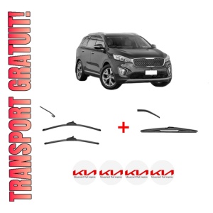 Set 3 stergatoare KIA SORENTO III (UM) din 2015 - 2020, pentru parbriz si luneta fata si spate auto, Valeo Silencio, din cauciuc siliconat rezistent, 4 Stickere Auto KIA