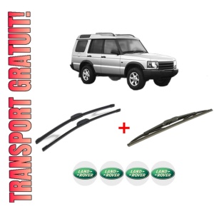 Set 3 stergatoare LAND ROVER DISCOVERY III (L319) din 2004 - 2009, pentru parbriz si luneta fata si spate auto, Bosch Twin, din cauciuc siliconat rezistent, 4 Stickere Auto LAND ROVER