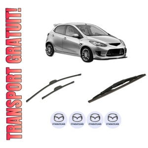 Set 3 stergatoare MAZDA 2 (DE_, DH_) din 2007-2015, pentru parbriz si luneta fata si spate auto, Bosch Twin-Aerotwin Retrofit, din cauciuc siliconat rezistent, 4 Stickere Auto MAZDA