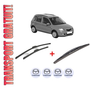 Set 3 stergatoare MAZDA 2 (DY) din 2003 - 2007, pentru parbriz si luneta fata si spate auto, Bosch Twin, din cauciuc siliconat rezistent, 4 Stickere Auto MAZDA