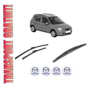 Set 3 stergatoare MAZDA 2 (DY) din 2003-2007, pentru parbriz si luneta fata si spate auto, Bosch Twin-Aerotwin Retrofit, din cauciuc siliconat rezistent, 4 Stickere Auto MAZDA