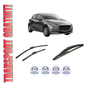 Set 3 stergatoare MAZDA 2 Hatchback (KB) din 2022, pentru parbriz si luneta fata si spate auto, Bosch Twin-Aerotwin Retrofit, din cauciuc siliconat rezistent, 4 Stickere Auto MAZDA