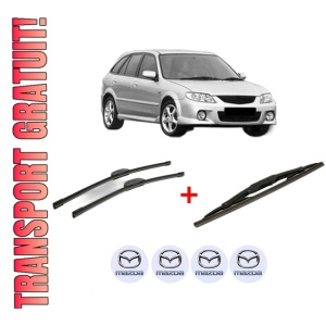 Set 3 stergatoare MAZDA 323 F VI Hatchback (BJ) din 1998 - 2004, pentru parbriz si luneta fata si spate auto, Bosch Twin, din cauciuc siliconat rezistent, 4 Stickere Auto MAZDA