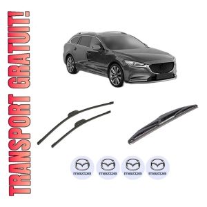 Set 3 stergatoare MAZDA 6 Estate Van (GJ) din 2013-2016, pentru parbriz si luneta fata si spate auto, Bosch Twin-Aerotwin, din cauciuc siliconat rezistent, 4 Stickere Auto MAZDA