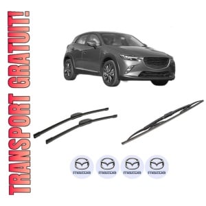 Set 3 stergatoare MAZDA CX-3 (DK) din 2015-2018, pentru parbriz si luneta fata si spate auto, Bosch Twin-Aerotwin Retrofit, din cauciuc siliconat rezistent, 4 Stickere Auto MAZDA