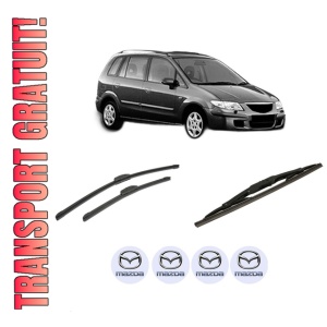 Set 3 stergatoare MAZDA PREMACY (CP) din 1999-2005, pentru parbriz si luneta fata si spate auto, Bosch Twin-Aerotwin Retrofit, din cauciuc siliconat rezistent, 4 Stickere Auto MAZDA