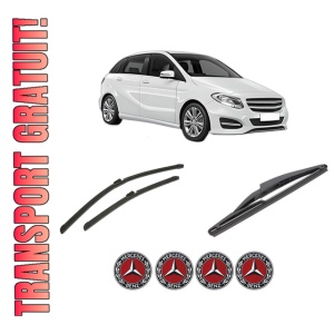 Set 3 stergatoare MERCEDES-BENZ B-CLASS Sports Tourer (W246, W242) din 2011-2018, pentru parbriz si luneta fata si spate auto, Bosch Twin-Aerotwin, din cauciuc siliconat rezistent, 4 Stickere Auto MERCEDES-BENZ