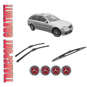 Set 3 stergatoare MERCEDES-BENZ C-CLASS T-Model (S203) din 2001-2007, pentru parbriz si luneta fata si spate auto, Bosch Twin-Aerotwin, din cauciuc siliconat rezistent, 4 Stickere Auto MERCEDES-BENZ