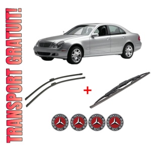 Set 3 stergatoare MERCEDES-BENZ E-CLASS Platform/Chassis (VF211) din 2003 - 2009, pentru parbriz si luneta fata si spate auto, Bosch Twin, din cauciuc siliconat rezistent, 4 Stickere Auto MERCEDES-BENZ