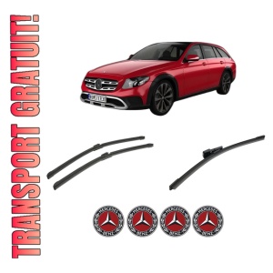 Set 3 stergatoare MERCEDES-BENZ E-CLASS T-Model (S213) din 2016-2023, pentru parbriz si luneta fata si spate auto, Bosch Aerotwin-Aerotwin, din cauciuc siliconat rezistent, 4 Stickere Auto MERCEDES-BENZ