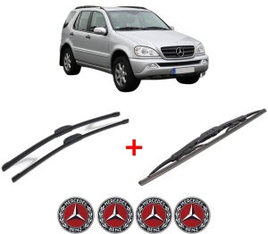 Set 3 stergatoare MERCEDES-BENZ M-CLASS (W163) din 1998 - 2005, pentru parbriz si luneta fata si spate auto, Bosch Twin, din cauciuc siliconat rezistent, 4 Stickere Auto MERCEDES-BENZ v9695